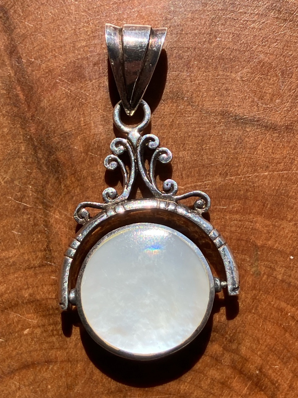 Vintage spinning mirror pendant onyx mother of pearl